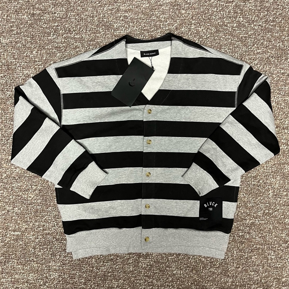 Y2K Black Scale "BLVCK" Emo x Grunge Striped Button Up V-Neck Sweater Sweatshirt